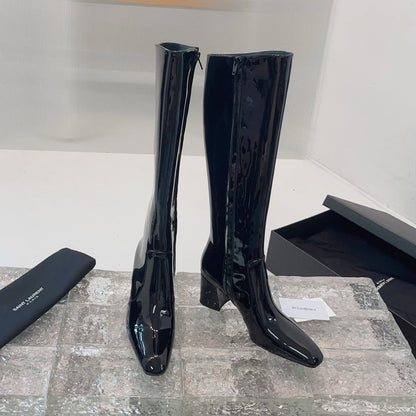 YSL 25 High Heeled Long Boot Black Patent Leather 522261