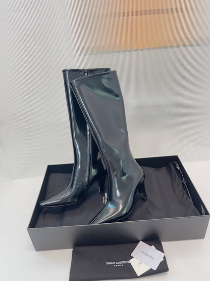YSL 25 High Heeled Long Boot Black Cowhide 522263