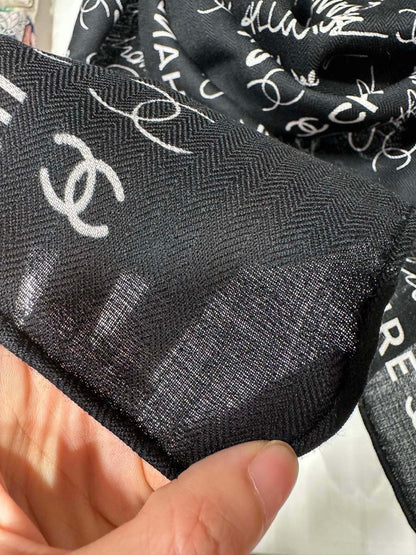CC Square Scarf 110 CM In Black With White Text Cashmere Silk 320584