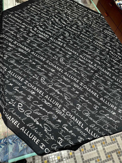 CC Square Scarf 110 CM In Black With White Text Cashmere Silk 320584