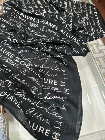 CC Square Scarf 110 CM In Black With White Text Cashmere Silk 320584