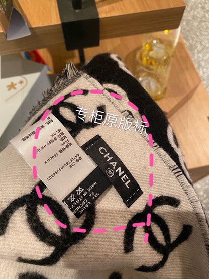 CC Scarf 180 CM In Black Mix Light Grey Print Logo Wool And Cashmere 359270