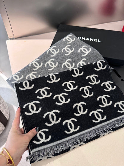 CC Scarf 180 CM In Black Mix Light Grey Print Logo Wool And Cashmere 359270