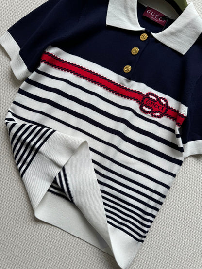 Gucci Striped Polo Knitted Top Dark Blue White Cotton