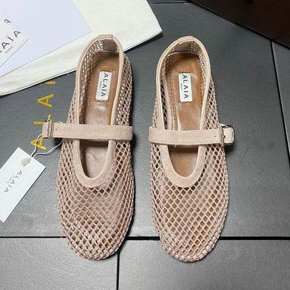 Alaia 2026 Laminated Fishnet Ballet Flats Beige Suede Mesh 361163