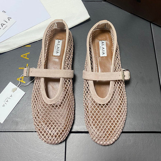 Alaia 2026 Laminated Fishnet Ballet Flats Beige Suede Mesh 361163