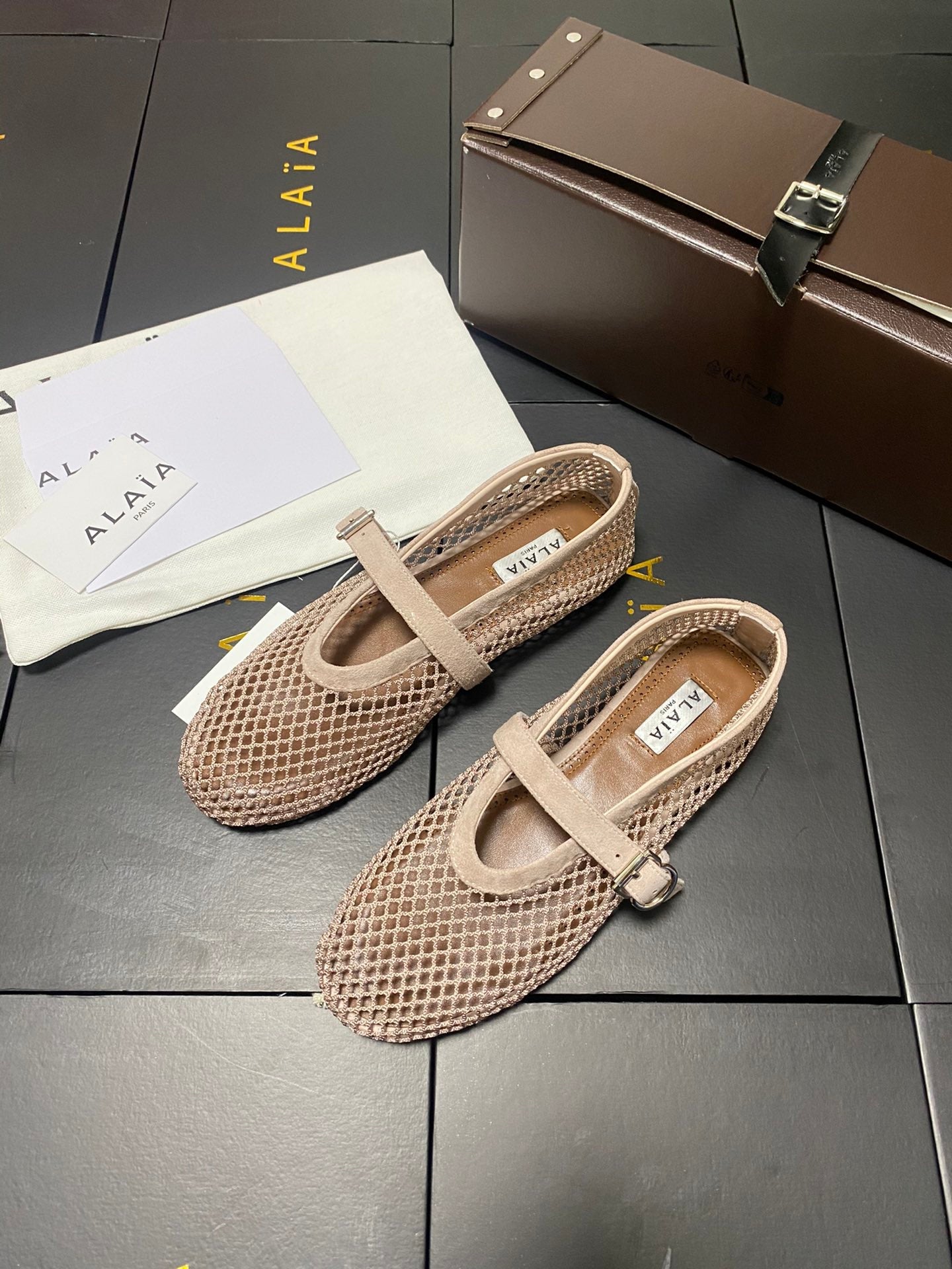 Alaia 2026 Laminated Fishnet Ballet Flats Beige Suede Mesh 361163