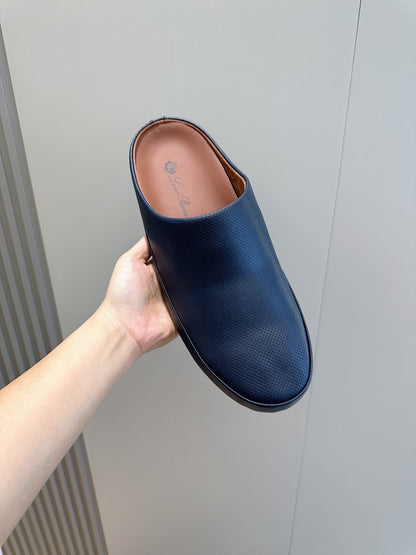 LP TOMORI SABOT MULES NAVY MESH CALFSKIN