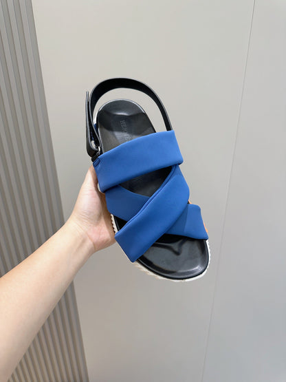 HM ELECTRIC SANDAL COBALT FABRIC AND CALFSKIN