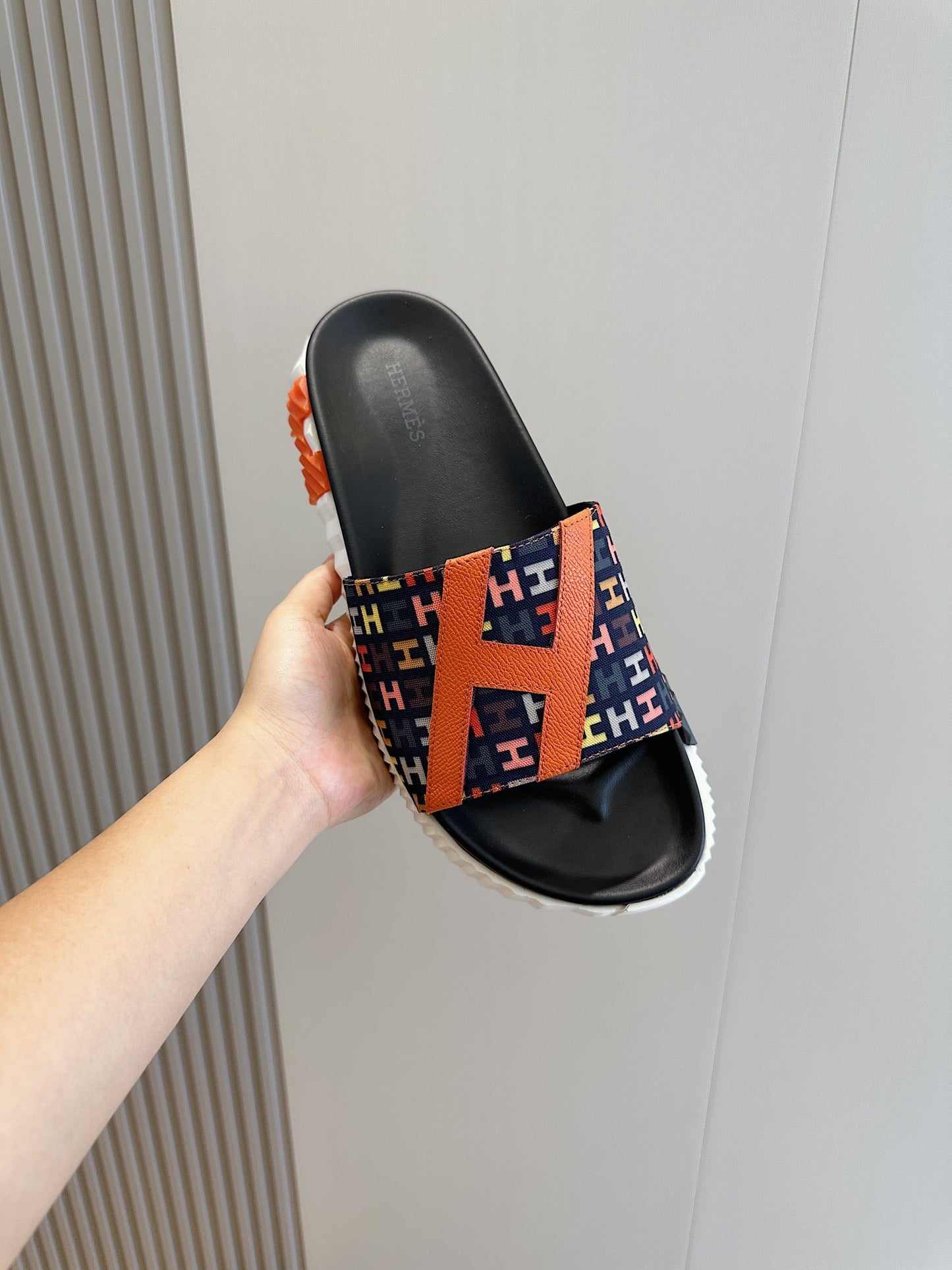 HM SLIPPERS BLACK AND NAVY MONOGRAM CANVAS