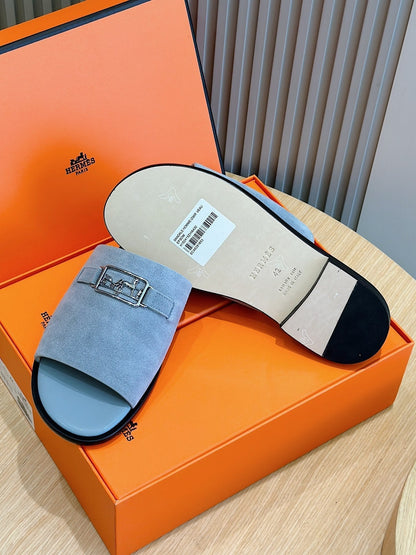 HM SILVER BUCKLE SLIPPERS CERULEAN SUEDE