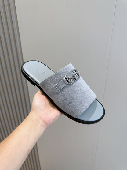 HM SILVER BUCKLE SLIPPERS CERULEAN SUEDE