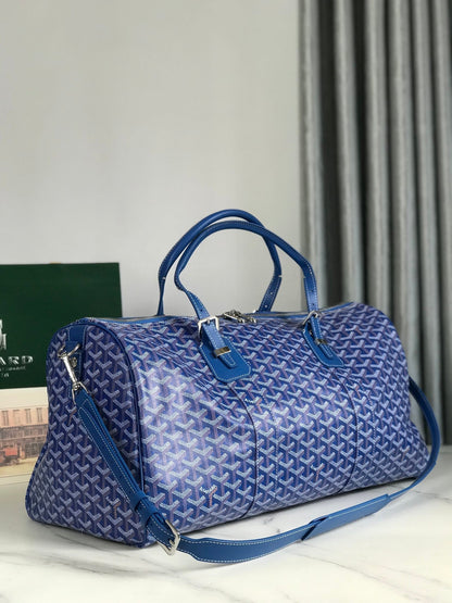 BOSTON 50 BAG IN SAPPHIRE BLUE GOYARDINE CANVAS AND CALFSKIN TRIM