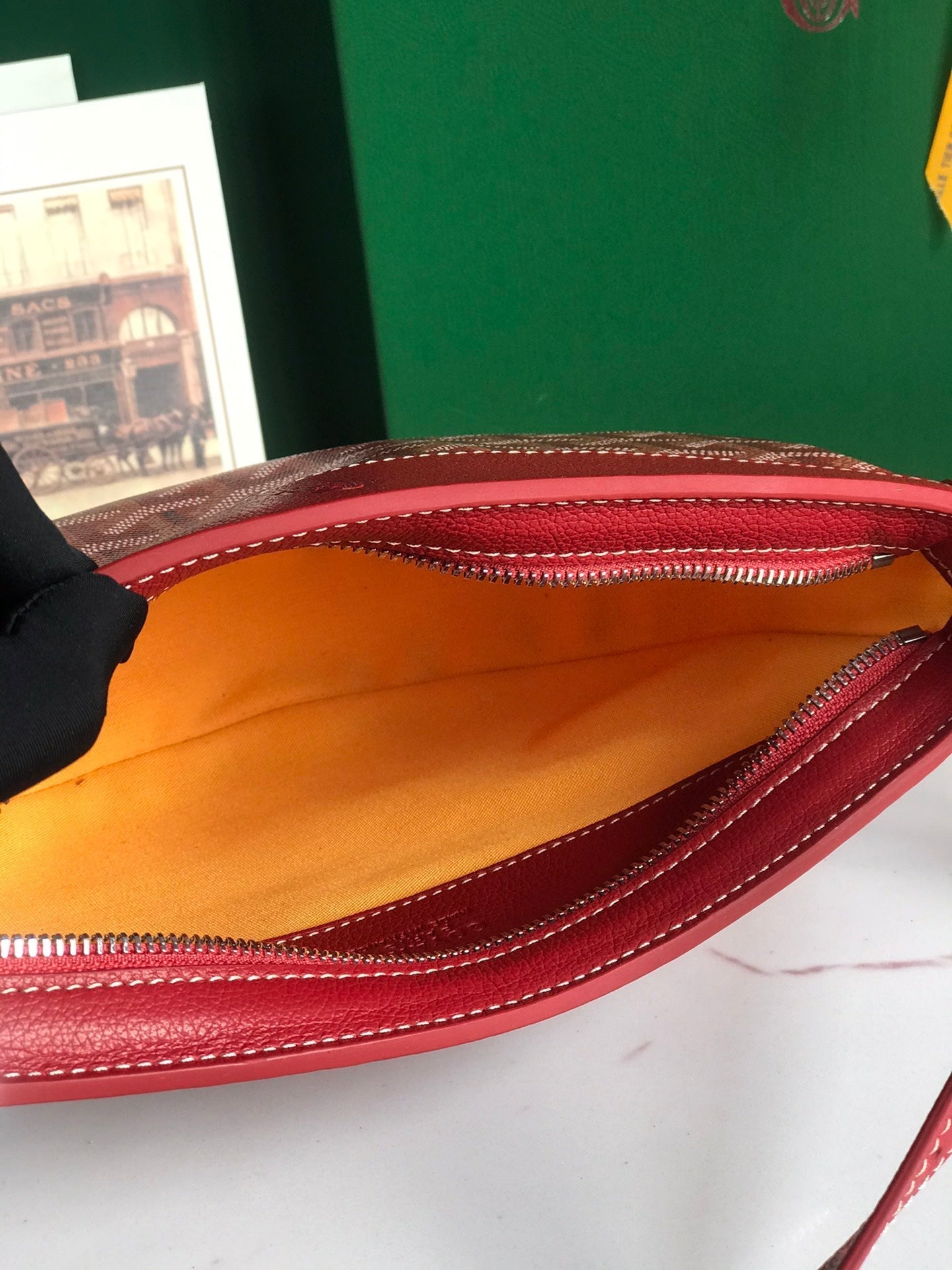 HIRONDELLE BAG 25 IN CLASSIC RED LAMBSKIN AND GOYARDINE CANVAS