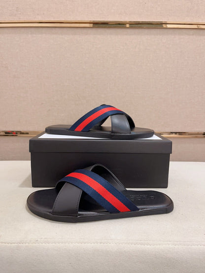GG Men's Web Slide Black Blue Cowhide 554607