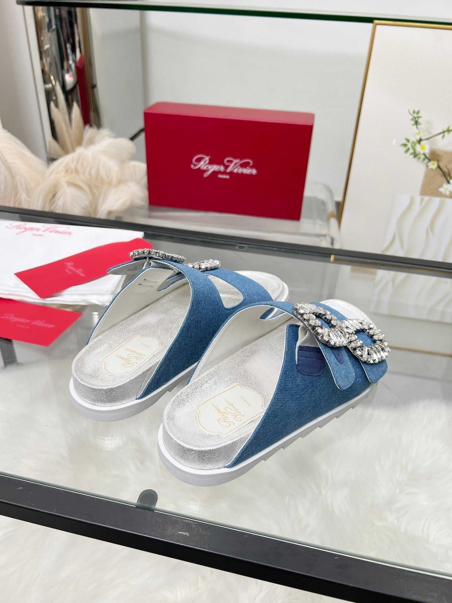 Viv 25 Slidy Slippers Blue PVC Silk Cowhide 259285