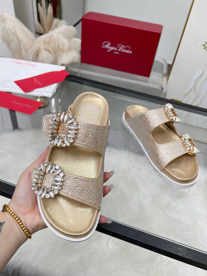 Viv 25 Slidy Diamond Slippers Gold PVC Silk Cowhide 259286