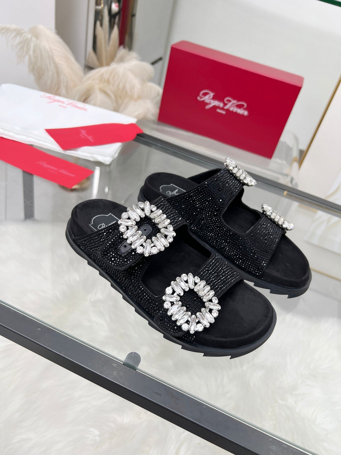 Viv 25 Slidy Diamond Slippers Black PVC Silk Cowhide 259287