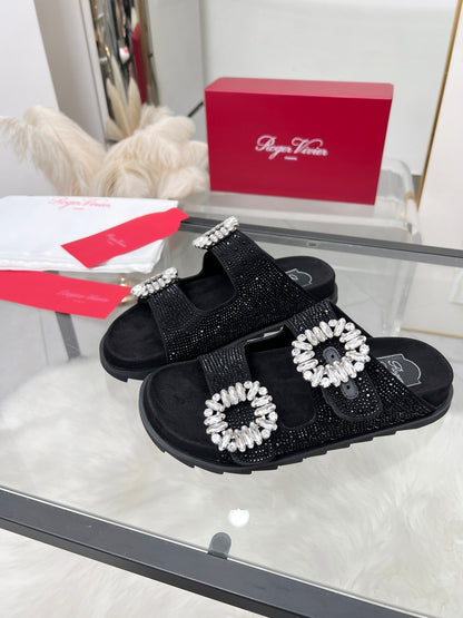Viv 25 Slidy Diamond Slippers Black PVC Silk Cowhide 259287