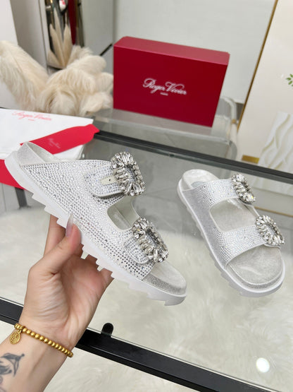 Viv 25 Slidy Diamond Slippers Silver PVC Silk Cowhide 259288