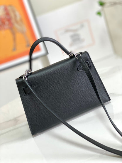 HM Mini Kelly 19cm Black Epsom Silver Hardware