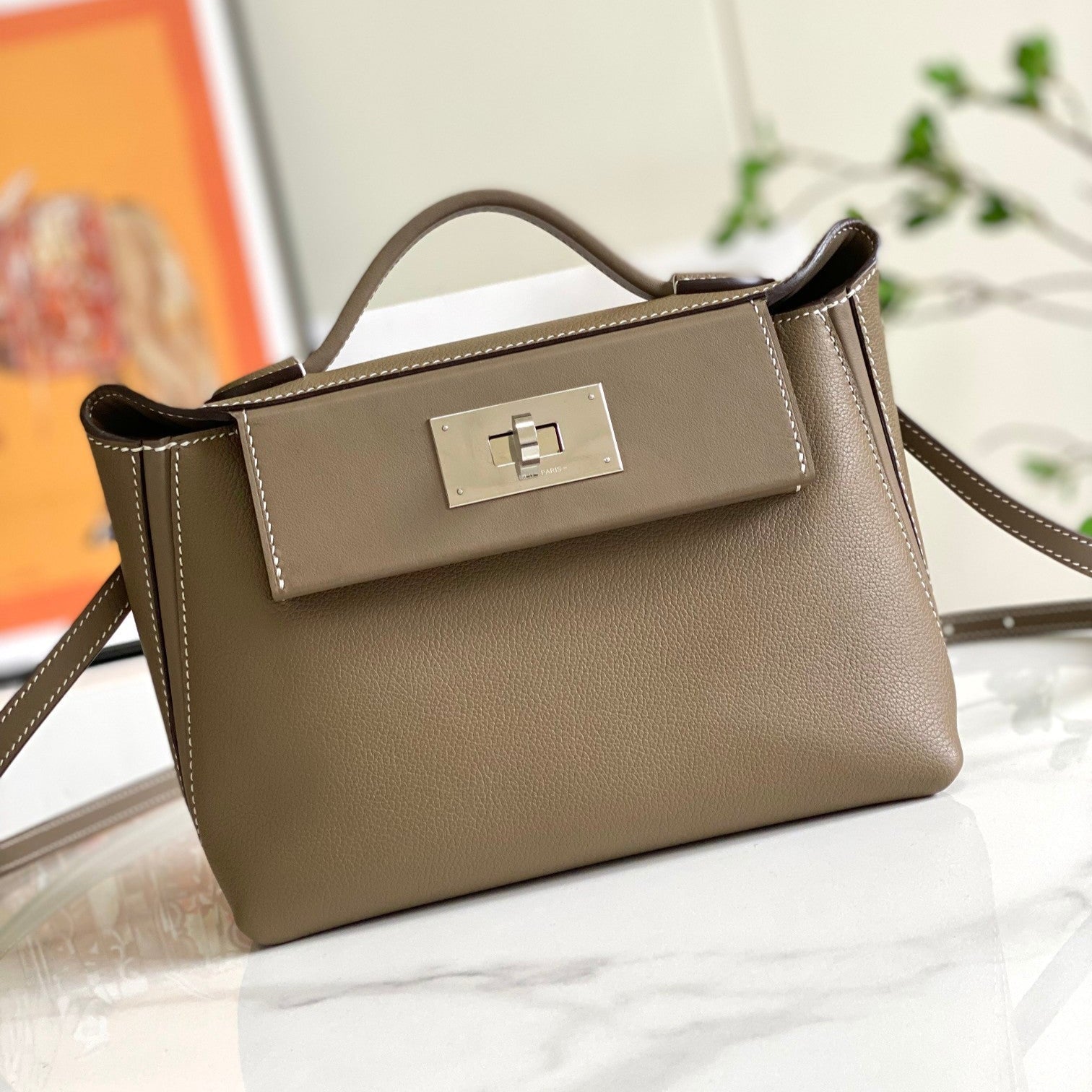 HM 24/24 Mini Bag 21cm Etoupe Evercolor Leather Silver Hardware