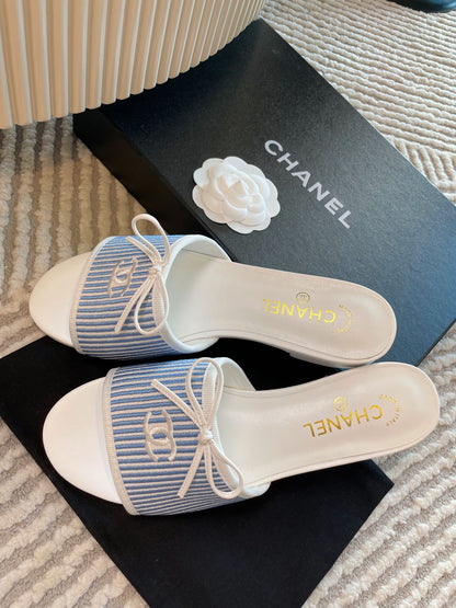 mule sandal white blue embroidered fabric calfskin