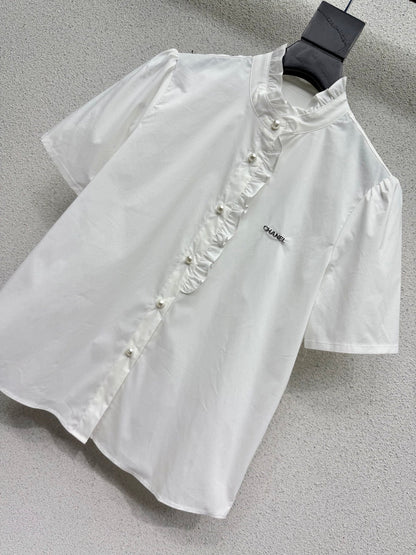 Chanel 2026 Short-sleeved Shirt Pink White Cotton 295896