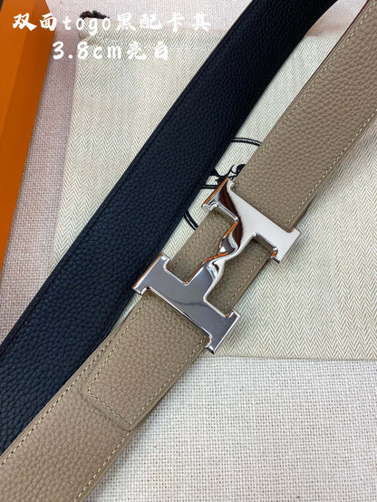 HM H BELT BUCKLE & REVERSIBLE CAMEL BROWN LEATHER STRAP 38MM SILVER HARDWARE