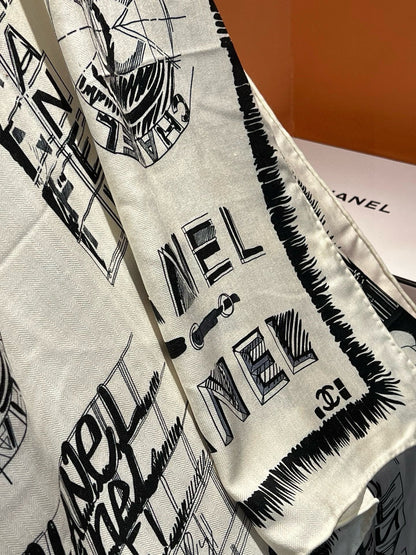 CC Scarf 185 CM In White Black Cashmere Silk  182460