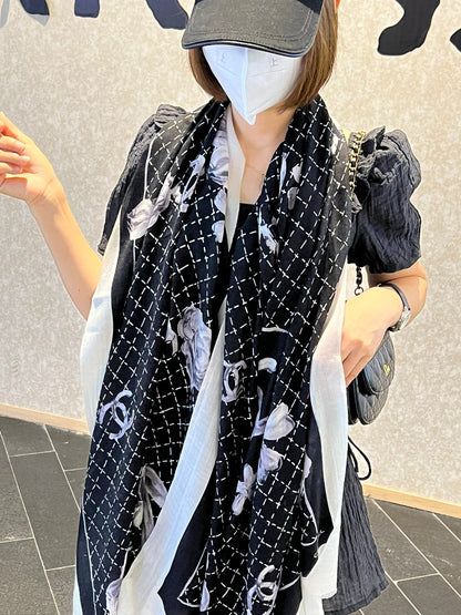 CC Scarf 200 CM In Black White Cashmere Silk  255991