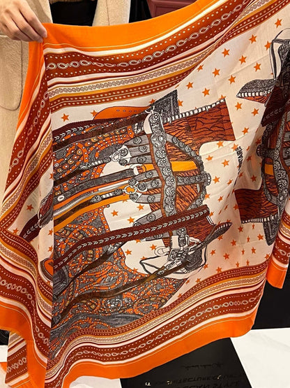 Selle De Dignitaire Bandana Shawl 200 CM In Orange Red Colorful Cashmere 265333