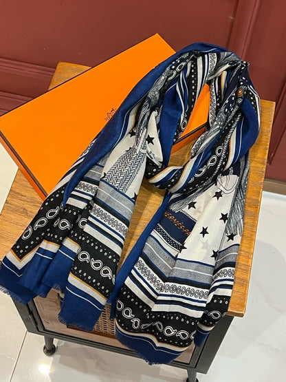 Selle De Dignitaire Bandana Shawl 200 CM In Blue Colorful Cashmere 265334