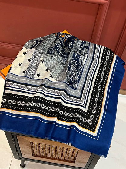 Selle De Dignitaire Bandana Shawl 200 CM In Blue Colorful Cashmere 265334