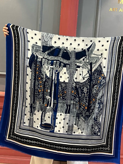 Selle De Dignitaire Bandana Shawl 200 CM In Blue Colorful Cashmere 265334