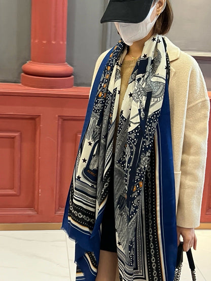 Selle De Dignitaire Bandana Shawl 200 CM In Blue Colorful Cashmere 265334