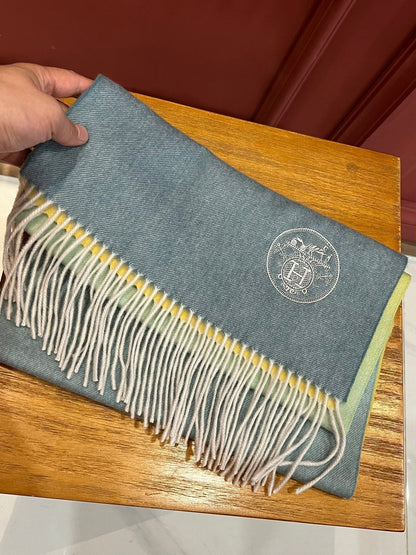 Scarf 190 CM In Blue Yellow Mix Jade Green Cashmere