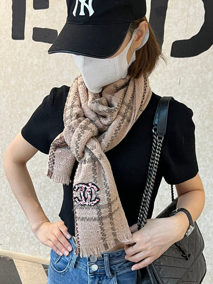 CC Scarf 190 CM In Dark Beige With Brown Stripes Wool  420037