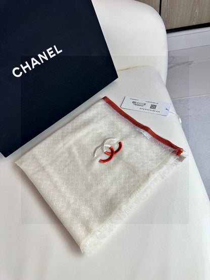 CC Scarf 180 CM In White With Red Border Cashmere Silk 287510