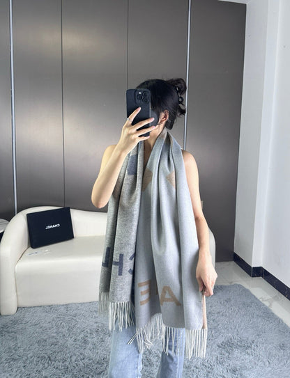 CC Scarf 180 CM In Grey Blue Mix Brown Cashmere Wool 368879