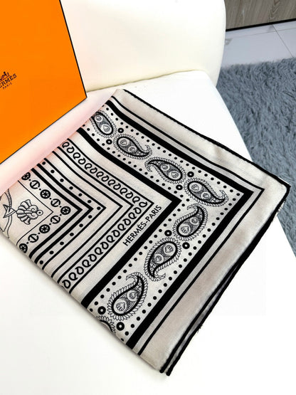 Tatouages Marins Bandana Shawl 135 CM Black White Cashmere And Silk 401091