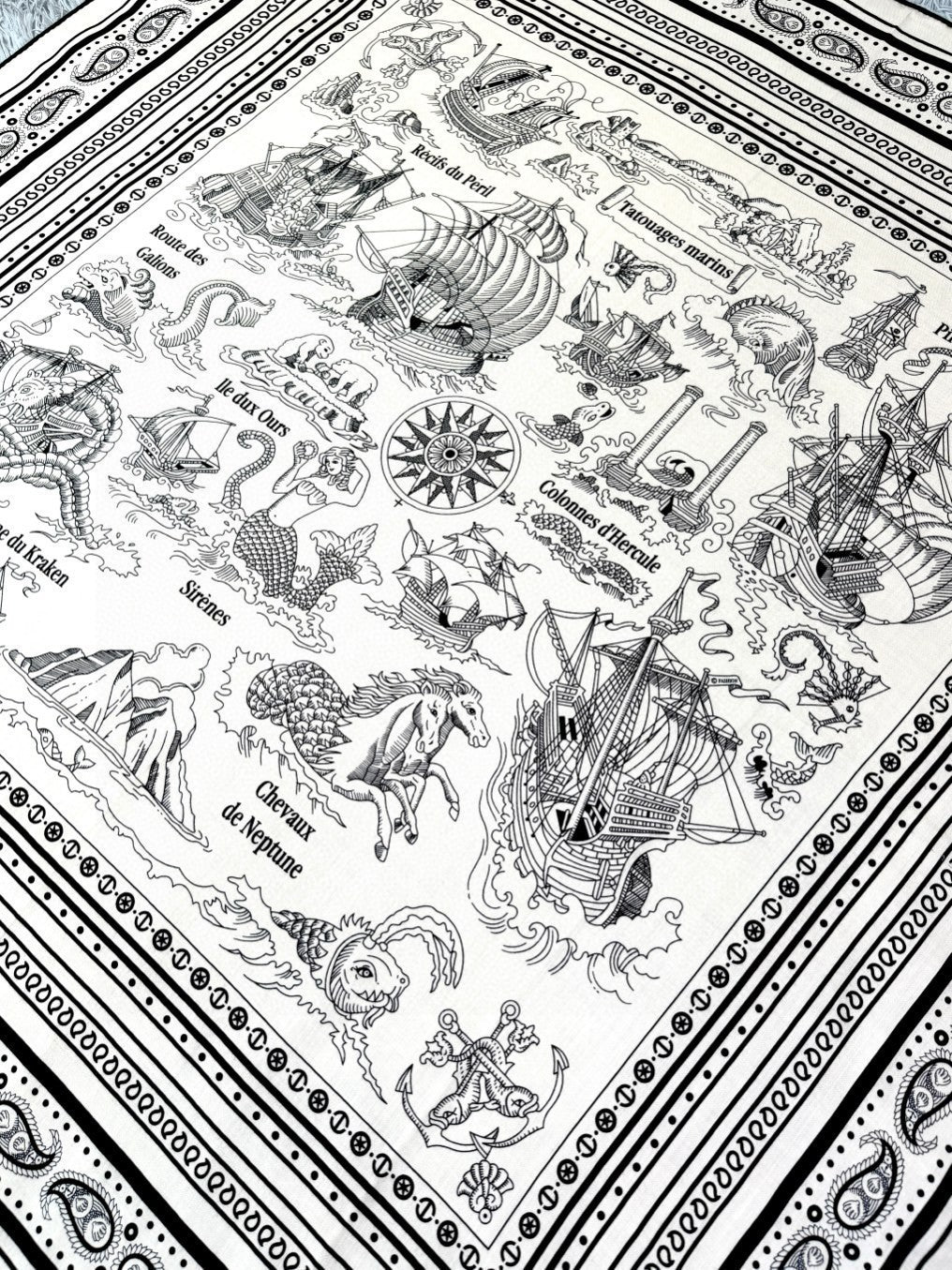 Tatouages Marins Bandana Shawl 135 CM Black White Cashmere And Silk 401091