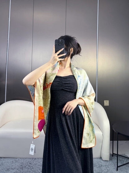 Retour A La Nature Shawl 135CM In Light Blue Colorful Cashmere And Silk