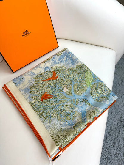 Retour A La Nature Shawl 135CM In Light Blue Colorful Cashmere And Silk