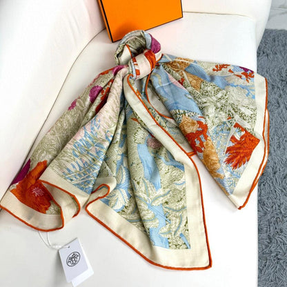 Retour A La Nature Shawl 135CM In Light Blue Colorful Cashmere And Silk