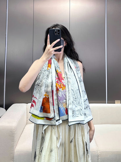 Retour A La Nature Shawl 135CM In Black White Colorful Cashmere And Silk
