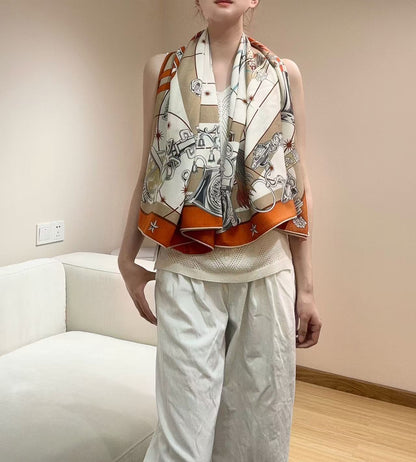 HM  Creative Origins Scarf 135CM Orange White Cashmere Silk 969436