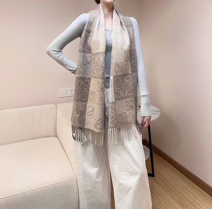 Loewe Scarf 180CM  Light Brown Gray Wool Cashmere 968611