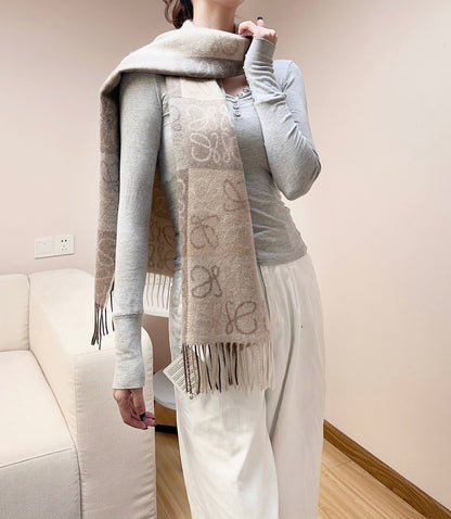 Loewe Scarf 180CM  Light Brown Gray Wool Cashmere 968611