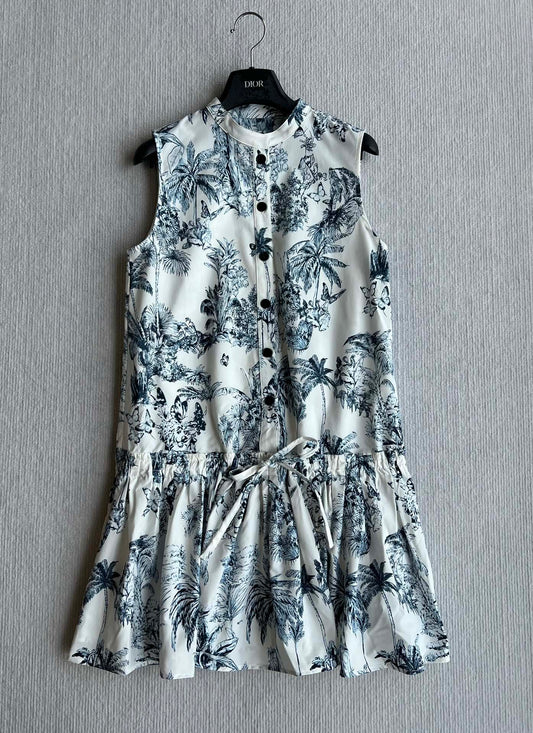 CD 25 Painting Waist Sleeveless Dress White Blue Cotton Polyester